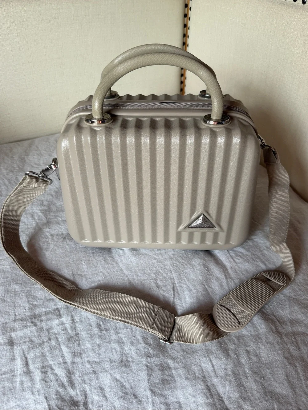 Textured Taupe Hard-Shell Cosmetic Case with Shoulder Strap
